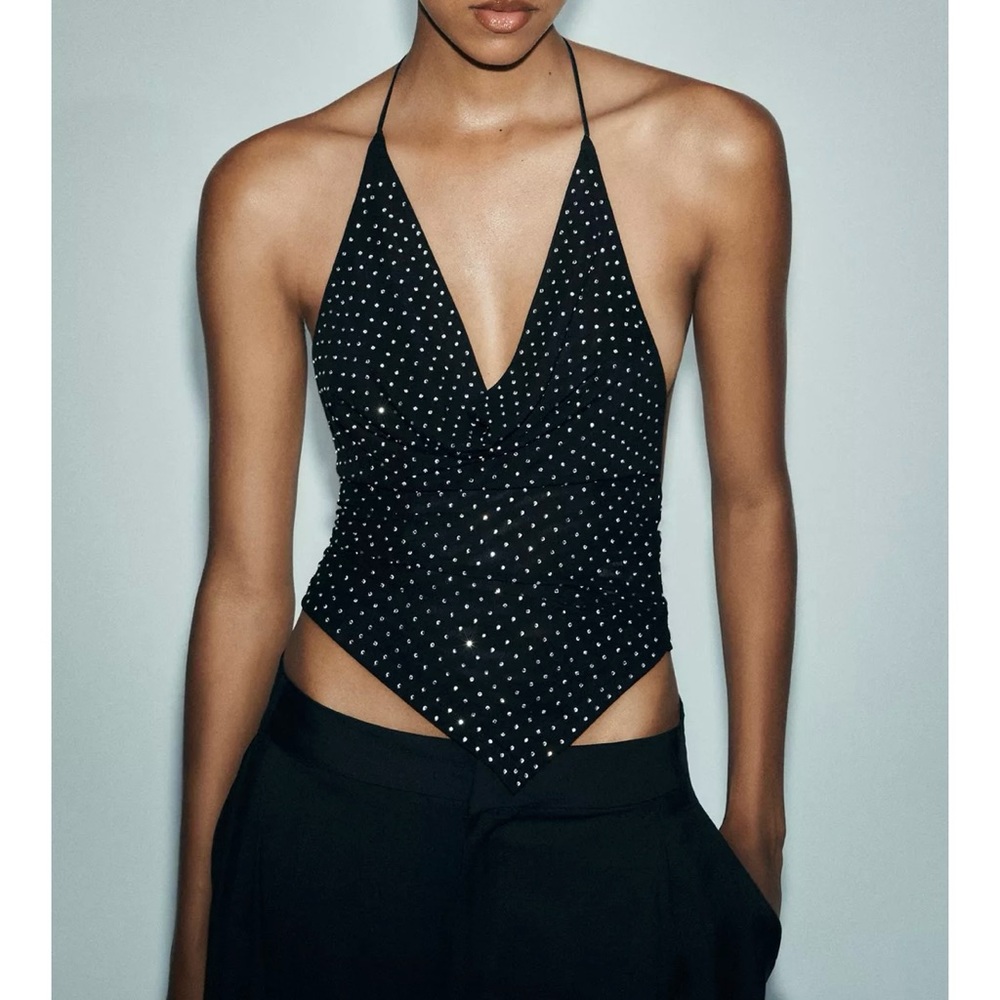 NWT ZARA RHINESTONE TULLE TOP